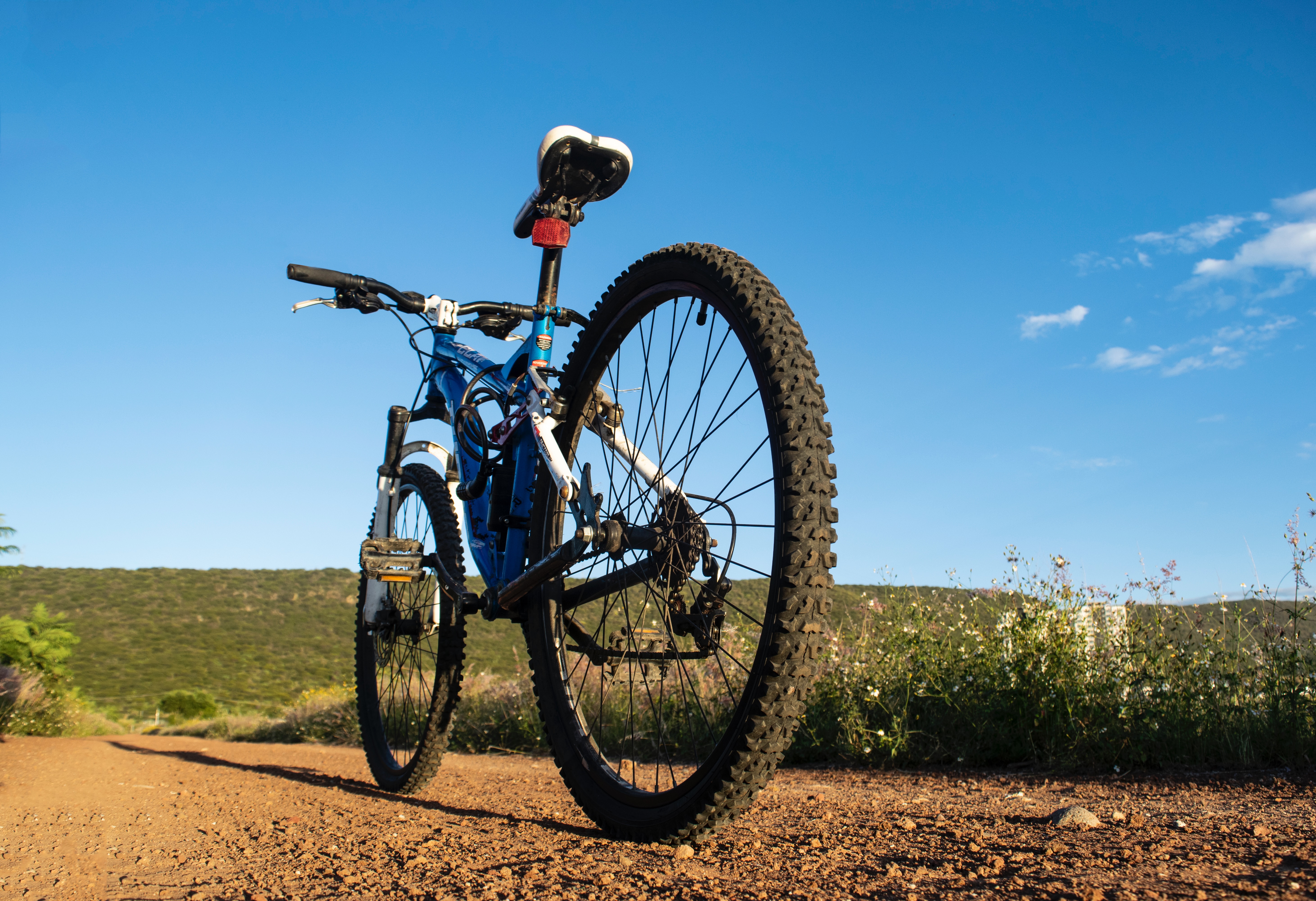 Mountain bike is parked at the middle of the farm oad