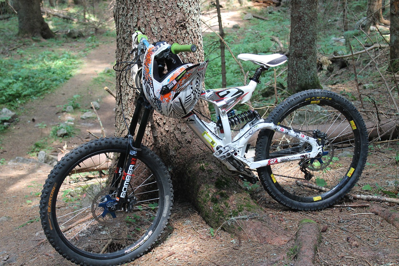 A helmet hanging on a mountain bike parked beside the tree